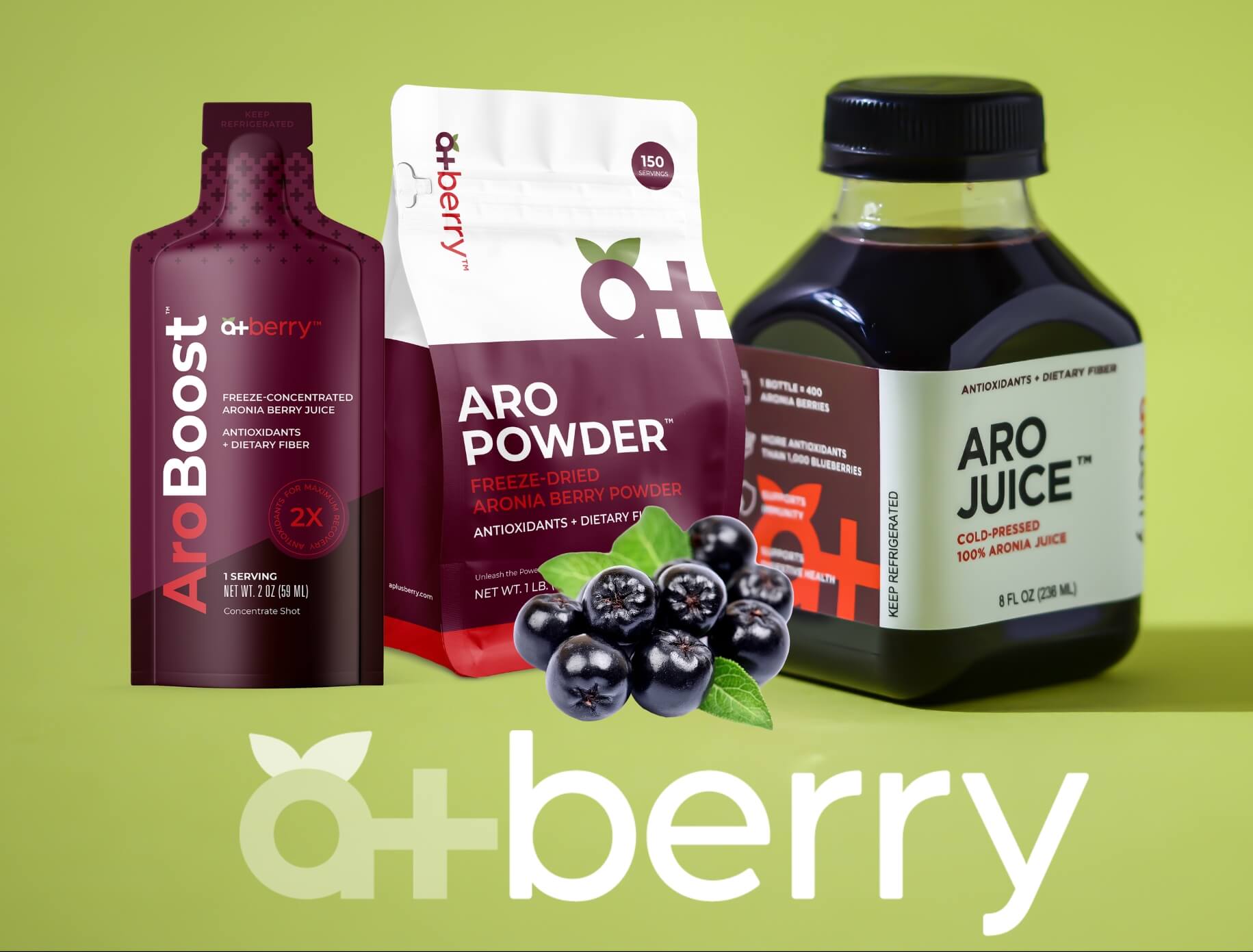 a+ Berry product line - AroBoost, Aro Powder, Aro Juice