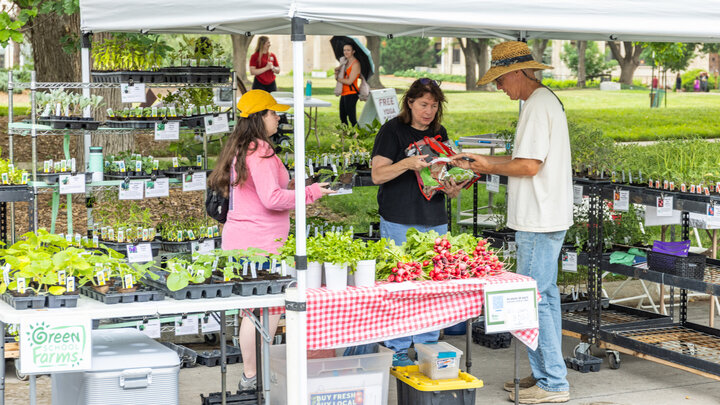 Gary Fehr, owner of Green School Farms, sells produce to a woman and her child at his farmers market booth.