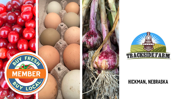 Trackside Farm spotlight image showing home-grown cherries, eggs, and garlic